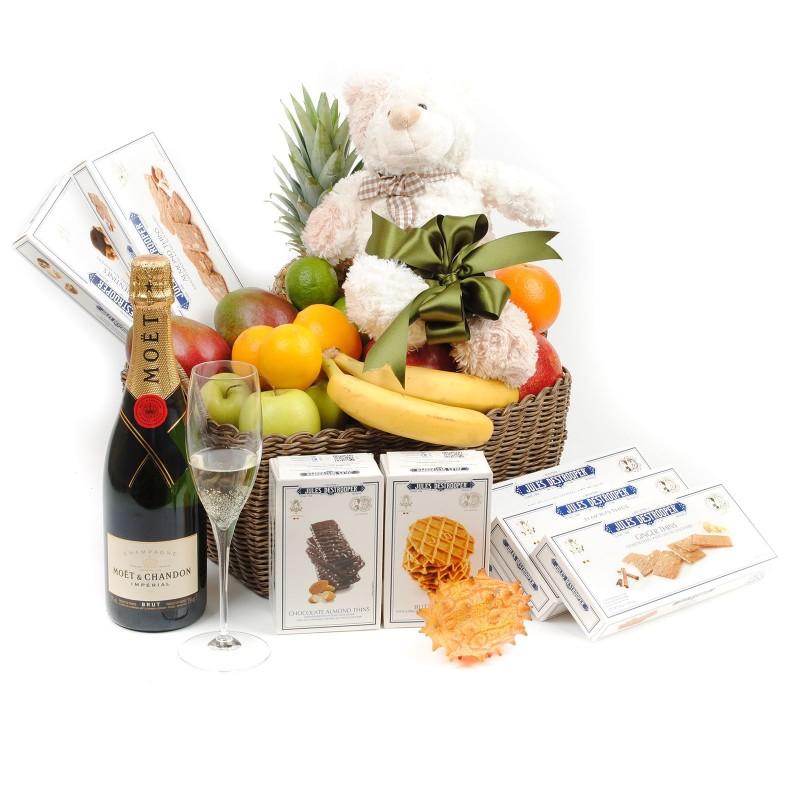 Mixed Fruit Basket with Champagne & Biscuits