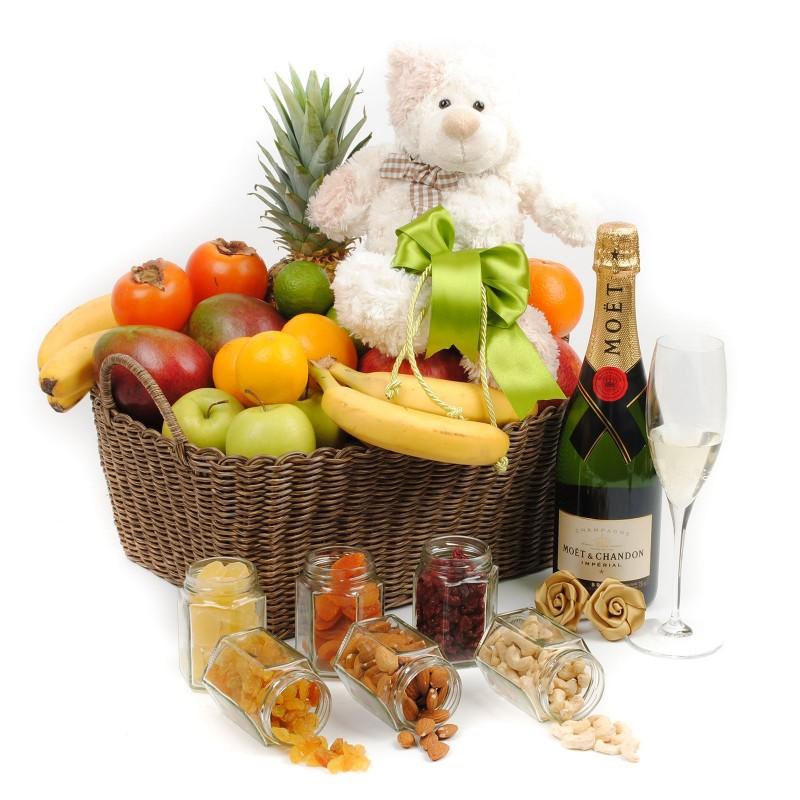 Mixed Fruit Basket with Champagne & Teddy Bear